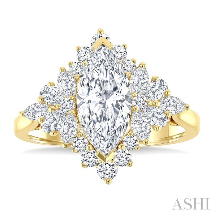 7/8 Ctw Marquise, Pear & Round Cut Diamond Halo Semi Mount Engagement Ring in 14K Yellow Gold