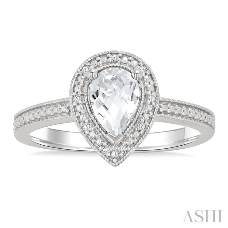 7X5 MM Pear Shape White Topaz and 1/50 Ctw Round Cut Diamond Semi-Precious Ring in Sterling Silver
