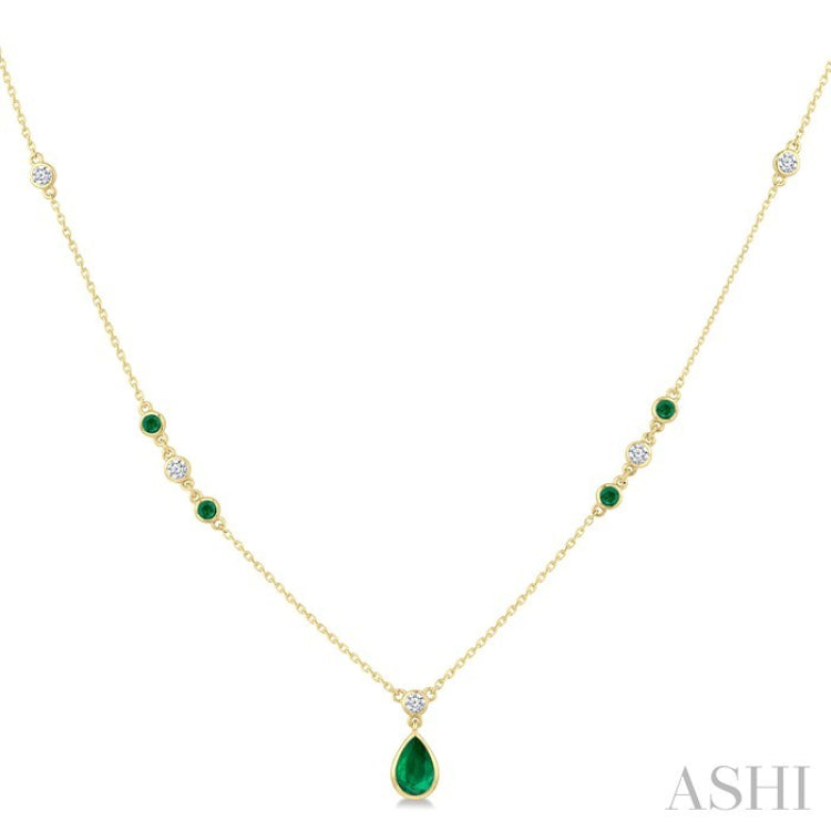 6X4 MM & 2 MM Pear and Round Shape Emerald and 1/6 Ctw Round Cut Diamond Drop Necklace in 14K Yellow Gold