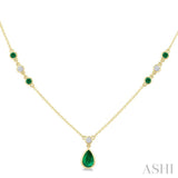 6X4 MM & 2 MM Pear and Round Shape Emerald and 1/6 Ctw Round Cut Diamond Drop Necklace in 14K Yellow Gold