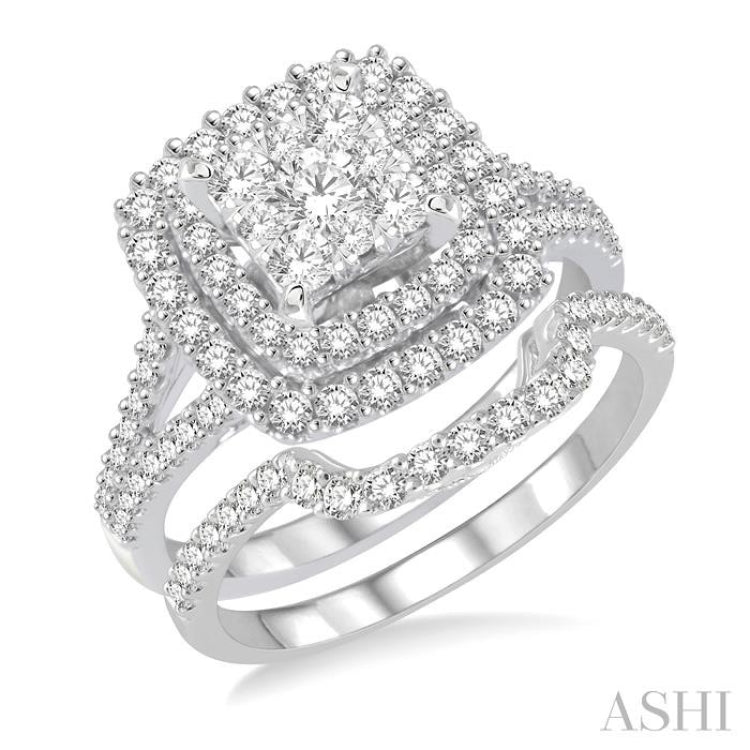 1 3/8 Ctw Lovebright Round Cut Diamond Wedding Set With 1 1/6 Ctw Cushion Shape Engagement Ring and 1/4 Ctw Scooped Wedding Band in 14K White Gold