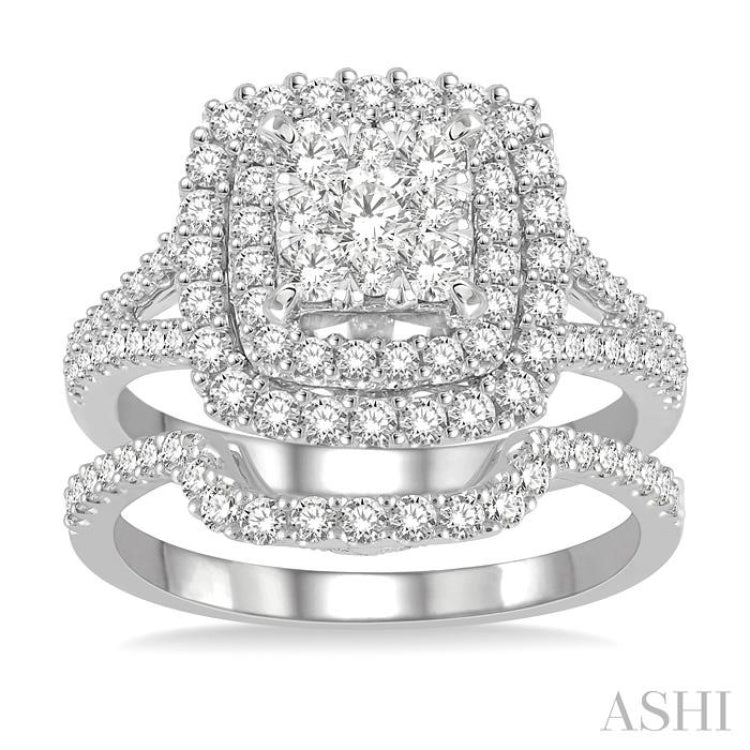 1 3/8 Ctw Lovebright Round Cut Diamond Wedding Set With 1 1/6 Ctw Cushion Shape Engagement Ring and 1/4 Ctw Scooped Wedding Band in 14K White Gold