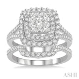 1 3/8 Ctw Lovebright Round Cut Diamond Wedding Set With 1 1/6 Ctw Cushion Shape Engagement Ring and 1/4 Ctw Scooped Wedding Band in 14K White Gold