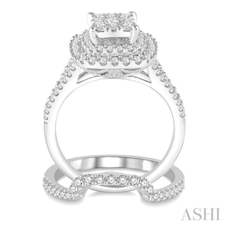 1 3/8 Ctw Lovebright Round Cut Diamond Wedding Set With 1 1/6 Ctw Cushion Shape Engagement Ring and 1/4 Ctw Scooped Wedding Band in 14K White Gold