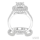 1 3/8 Ctw Lovebright Round Cut Diamond Wedding Set With 1 1/6 Ctw Cushion Shape Engagement Ring and 1/4 Ctw Scooped Wedding Band in 14K White Gold