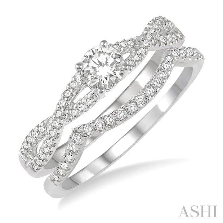 1/2 Ctw Diamond Wedding Set with 3/8 Ctw Round Cut Engagement Ring and 1/10 Ctw Wedding Band in 14K White Gold