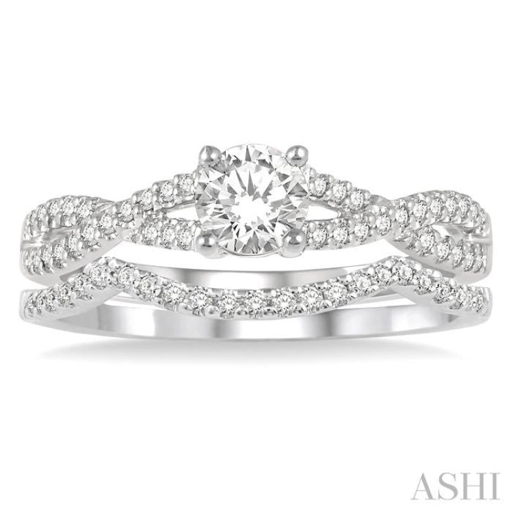 1/2 Ctw Diamond Wedding Set with 3/8 Ctw Round Cut Engagement Ring and 1/10 Ctw Wedding Band in 14K White Gold