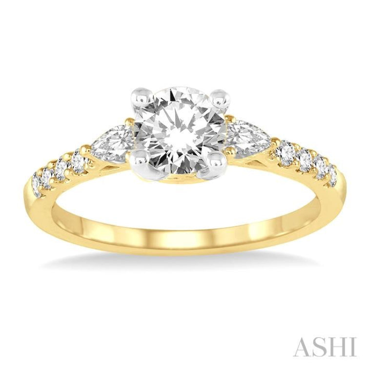7/8 Ctw Pear and Round Cut Diamond Engagement Ring With 1/2 Ct Round Cut Center Stone in 14K Yellow and White Gold