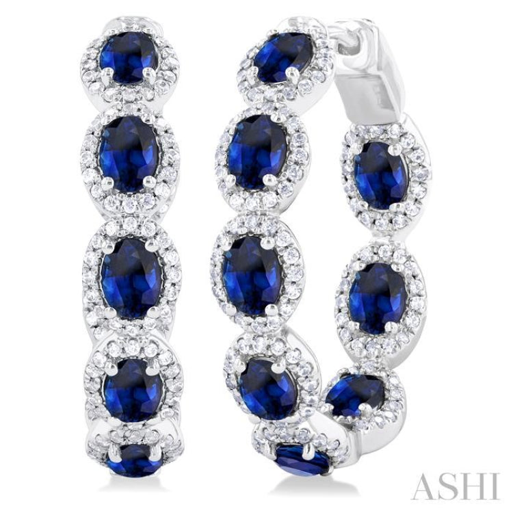 4X3 MM Oval Shape Sapphire and 3/4 Ctw Interior & Exterior Round Cut Diamond Halo Precious Hoop Earrings in 14K White Gold