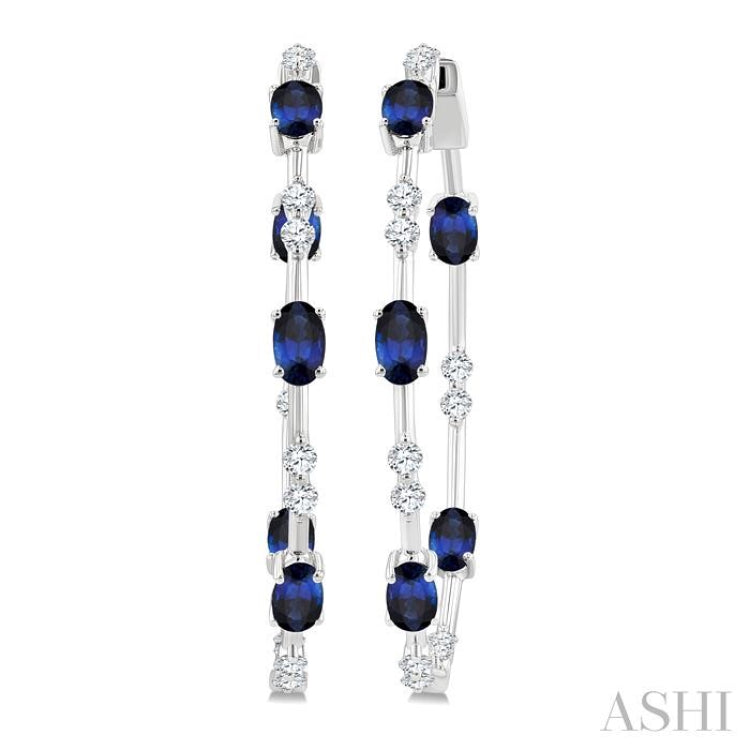 5X3 MM Oval Shape Sapphire and 7/8 Ctw Round Cut Diamond Precious Inside-Out Hoop Earrings in 14K White Gold