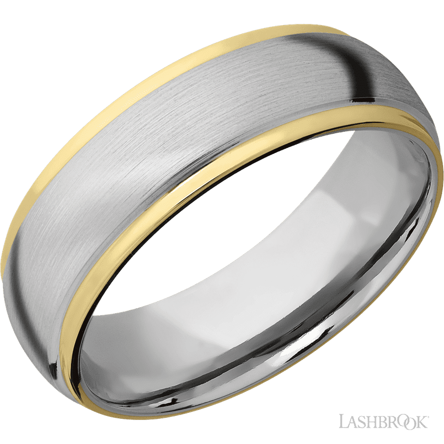 7 mm wide/Domed Stepped Down Edges/14K White Gold band with two 1 mm Edge inlays of 14K Yellow Gold