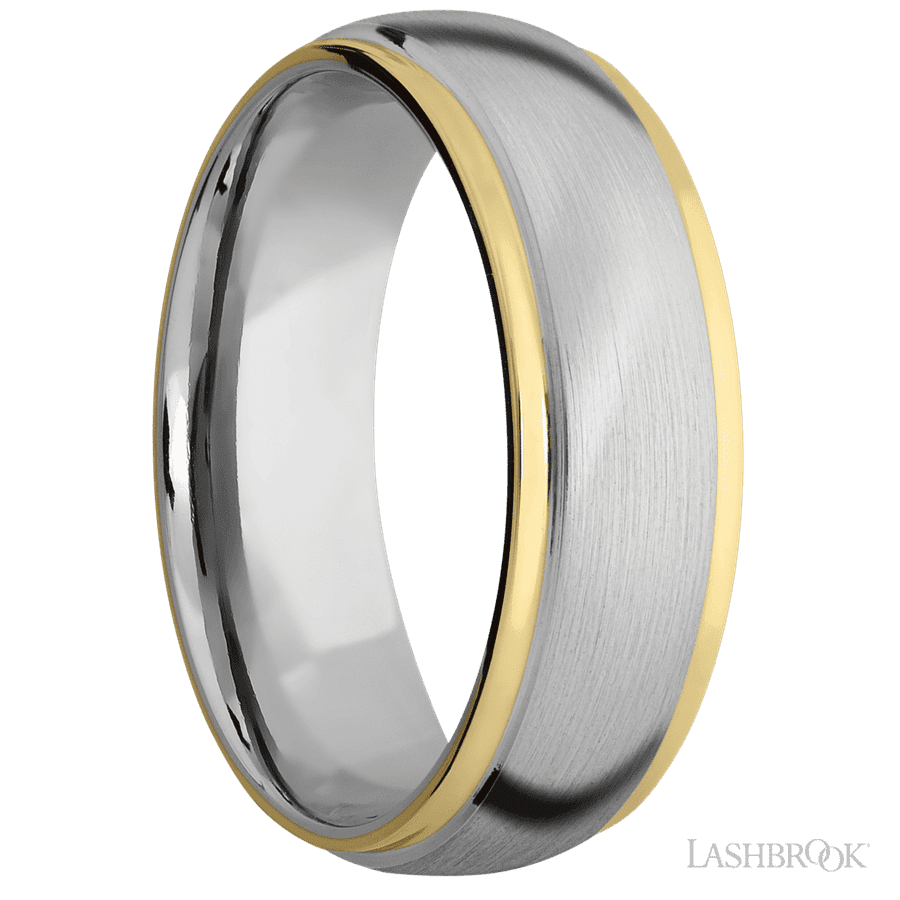 7 mm wide/Domed Stepped Down Edges/14K White Gold band with two 1 mm Edge inlays of 14K Yellow Gold