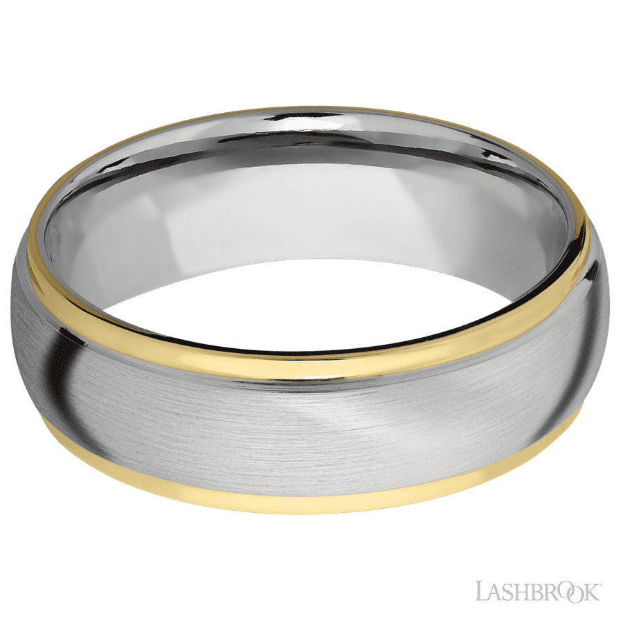 7 mm wide/Domed Stepped Down Edges/14K White Gold band with two 1 mm Edge inlays of 14K Yellow Gold