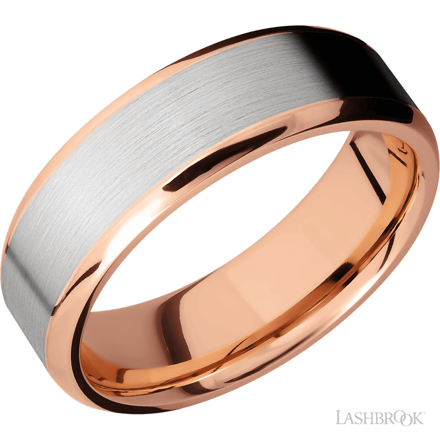 7 mm wide/Beveled/14K Rose Gold band with one 5 mm Centered inlay of 14K White Gold
