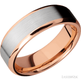 7 mm wide/Beveled/14K Rose Gold band with one 5 mm Centered inlay of 14K White Gold