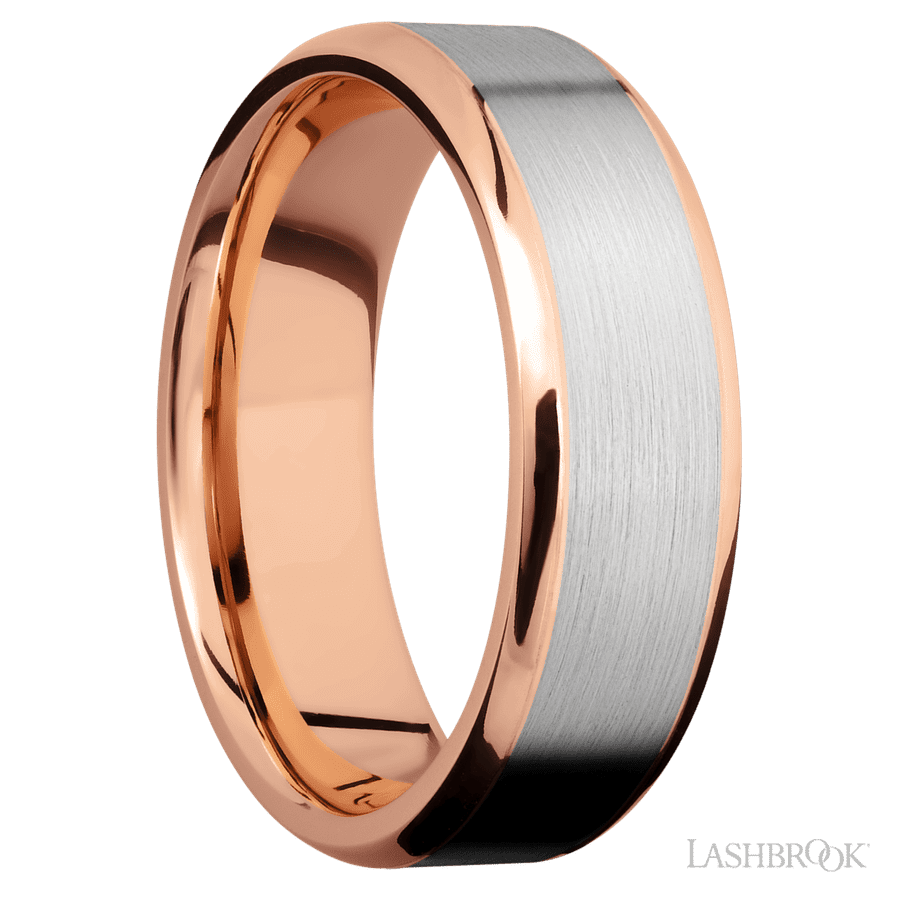 7 mm wide/Beveled/14K Rose Gold band with one 5 mm Centered inlay of 14K White Gold