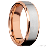 7 mm wide/Beveled/14K Rose Gold band with one 5 mm Centered inlay of 14K White Gold