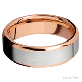 7 mm wide/Beveled/14K Rose Gold band with one 5 mm Centered inlay of 14K White Gold