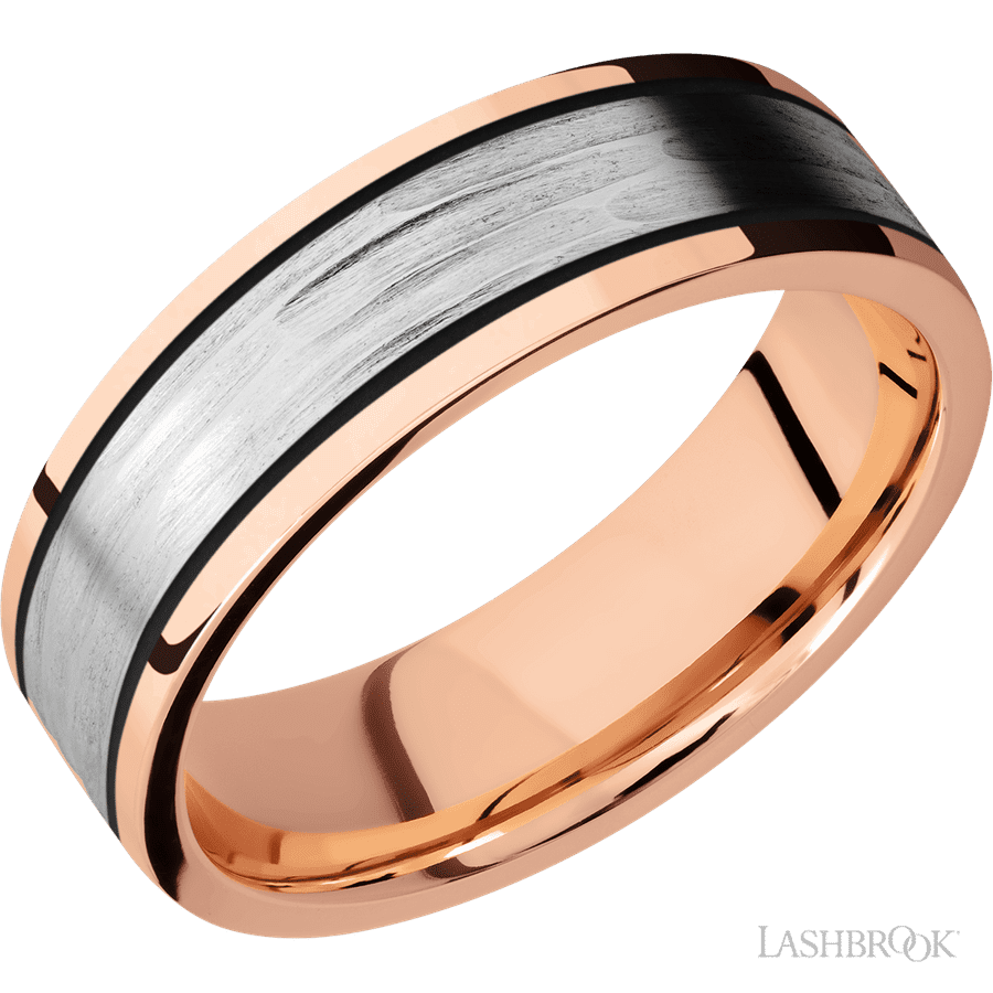 7 mm wide/Flat/14K Rose Gold band with one 4 mm Centered inlay of 14K White Gold