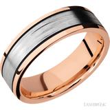 7 mm wide/Flat/14K Rose Gold band with one 4 mm Centered inlay of 14K White Gold