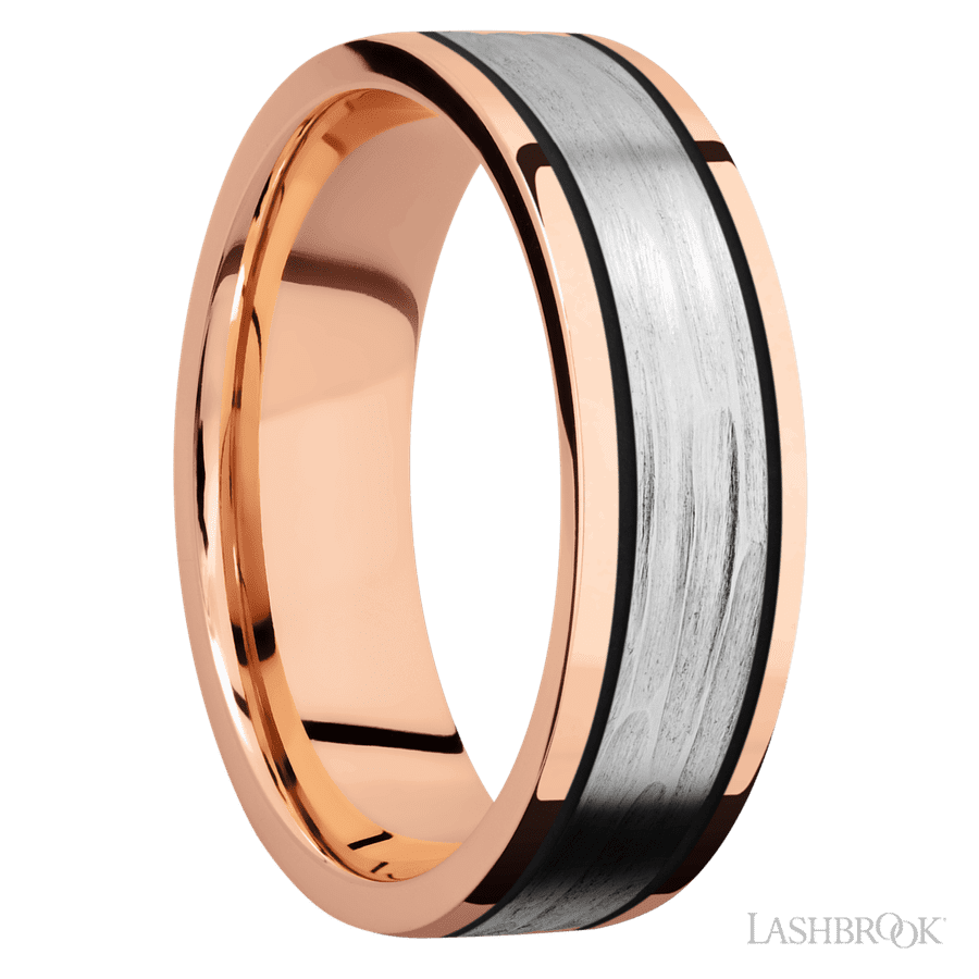 7 mm wide/Flat/14K Rose Gold band with one 4 mm Centered inlay of 14K White Gold
