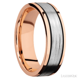 7 mm wide/Flat/14K Rose Gold band with one 4 mm Centered inlay of 14K White Gold