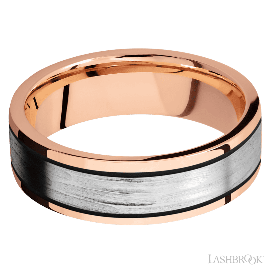 7 mm wide/Flat/14K Rose Gold band with one 4 mm Centered inlay of 14K White Gold