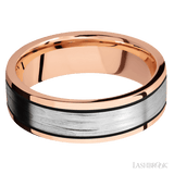 7 mm wide/Flat/14K Rose Gold band with one 4 mm Centered inlay of 14K White Gold