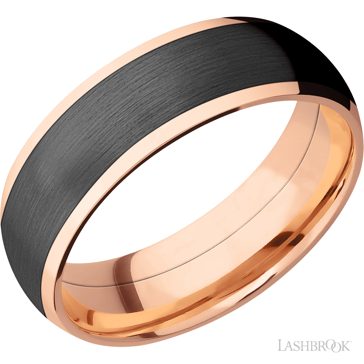 7 mm wide/Domed/14K Rose Gold band with one 5 mm Centered inlay of Zirconium