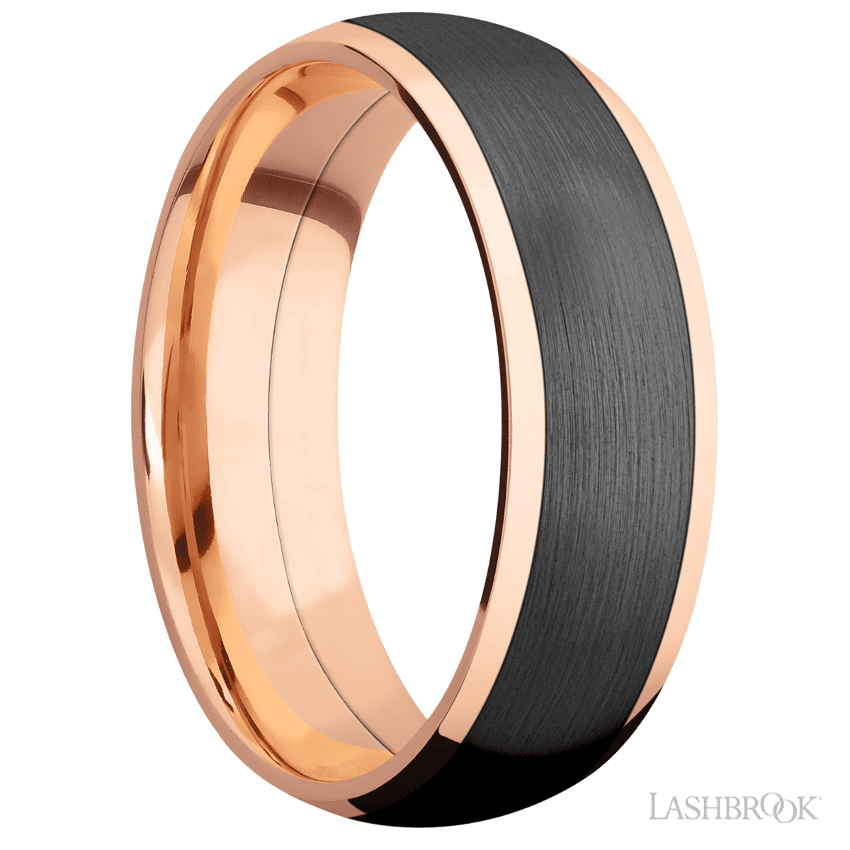 7 mm wide/Domed/14K Rose Gold band with one 5 mm Centered inlay of Zirconium