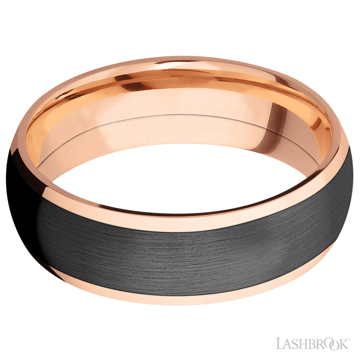 7 mm wide/Domed/14K Rose Gold band with one 5 mm Centered inlay of Zirconium