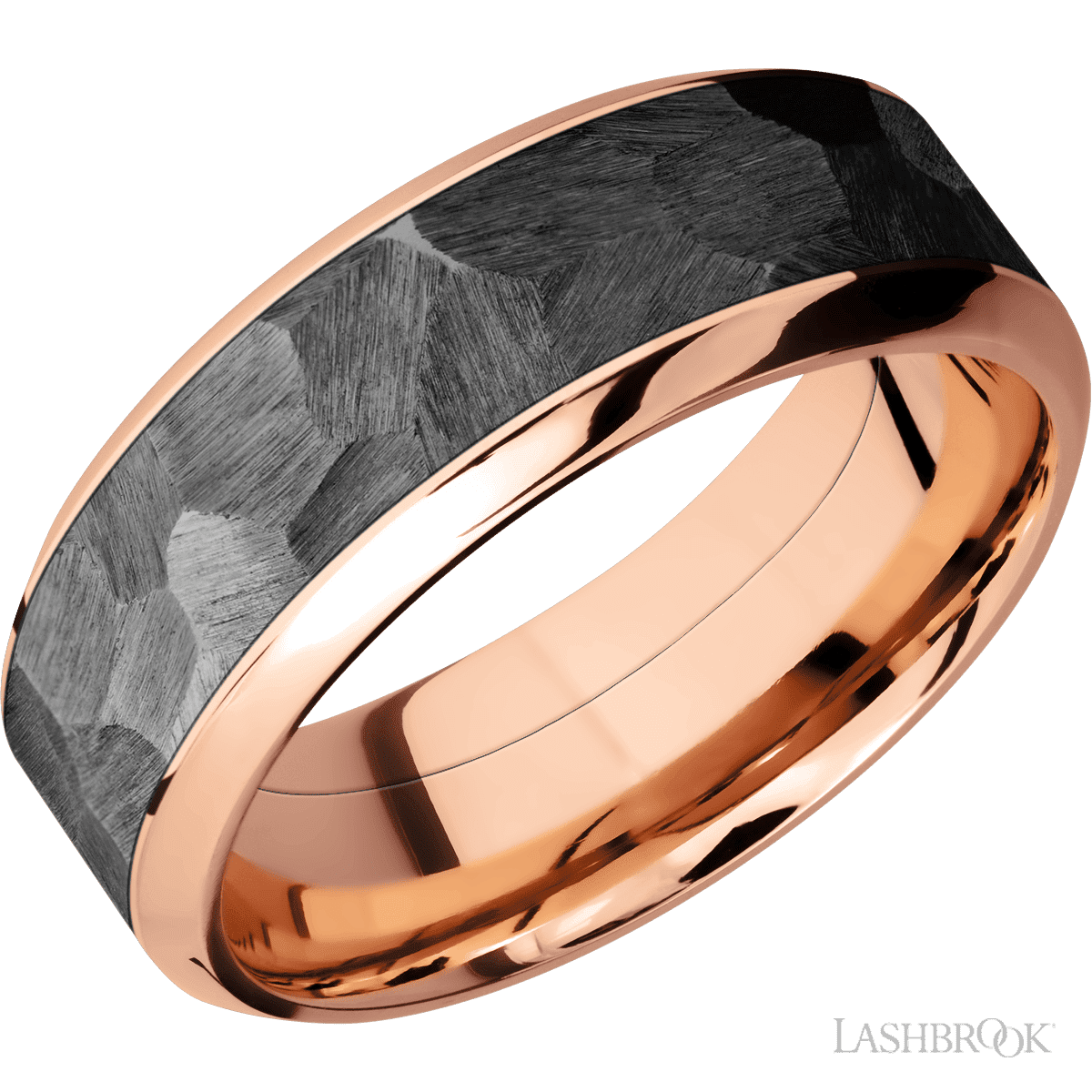 8 mm wide/High Bevel/14K Rose Gold band with one 5 mm Centered inlay of Zirconium