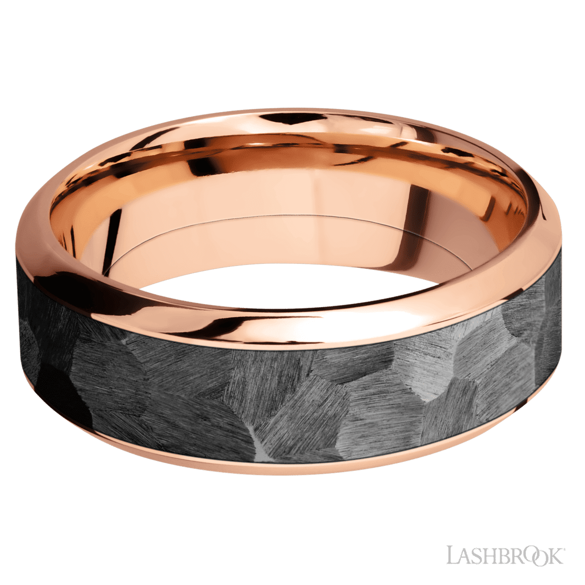 8 mm wide/High Bevel/14K Rose Gold band with one 5 mm Centered inlay of Zirconium