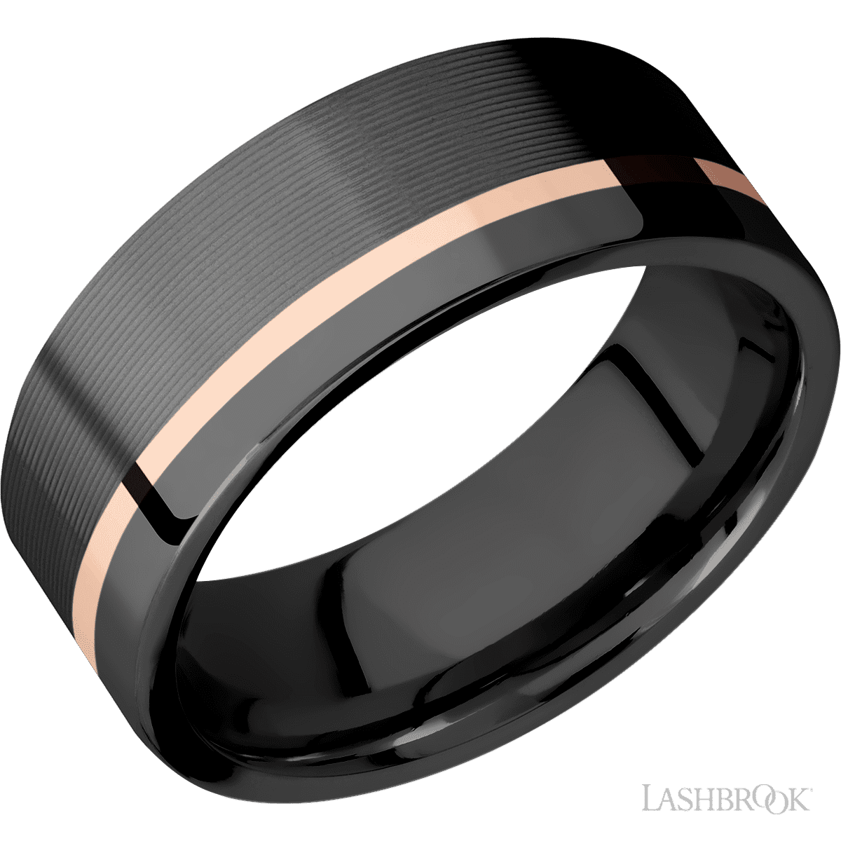 8 mm wide Flat Zirconium band featuring a 14K Rose Gold sleeve