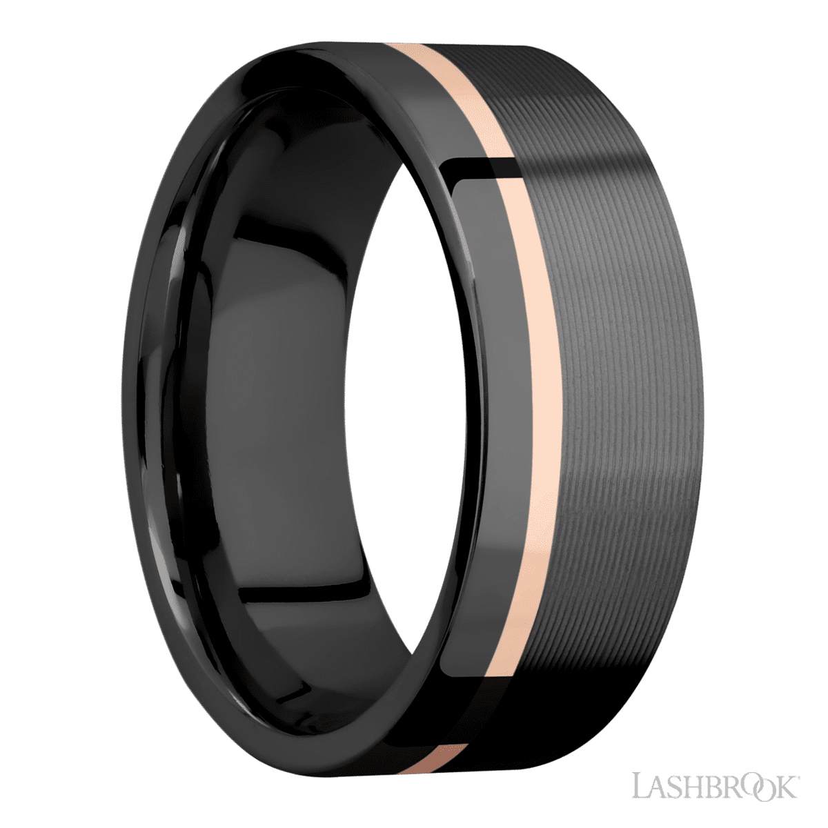 8 mm wide Flat Zirconium band featuring a 14K Rose Gold sleeve
