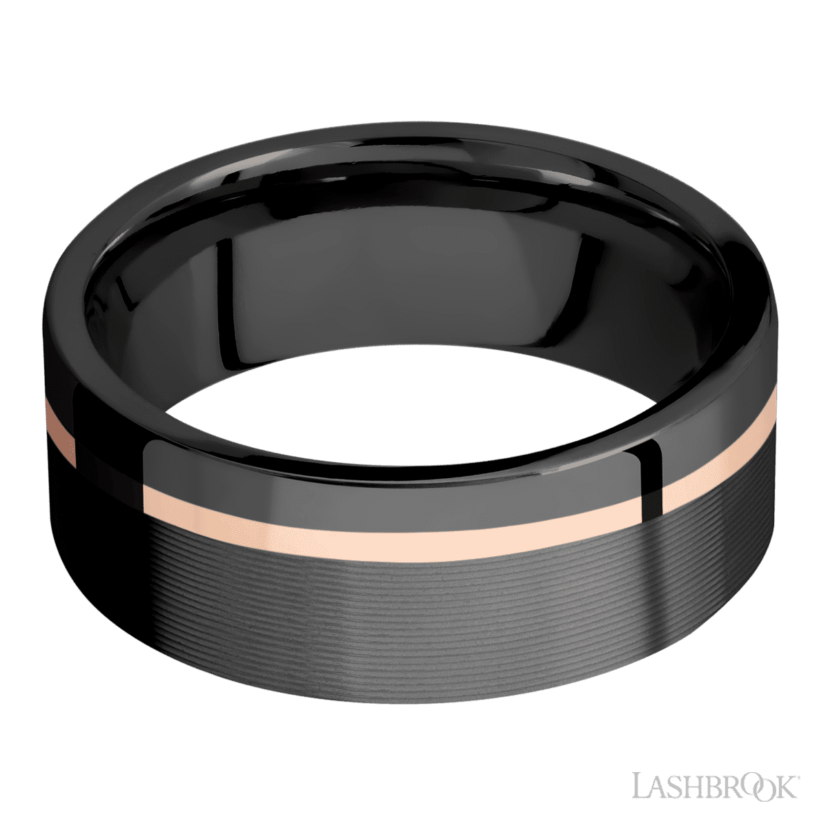 8 mm wide Flat Zirconium band featuring a 14K Rose Gold sleeve