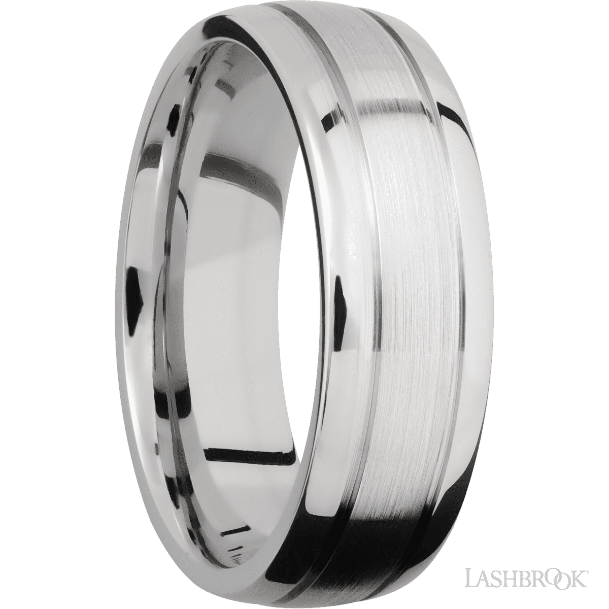 7 mm wide Domed with two accent grooves 14K White Gold band