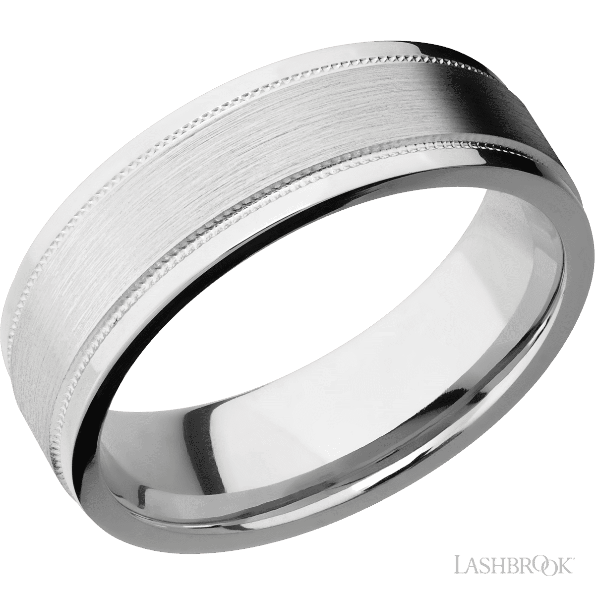7 mm wide Flat Stepped Edges Milgrain 14K White Gold band