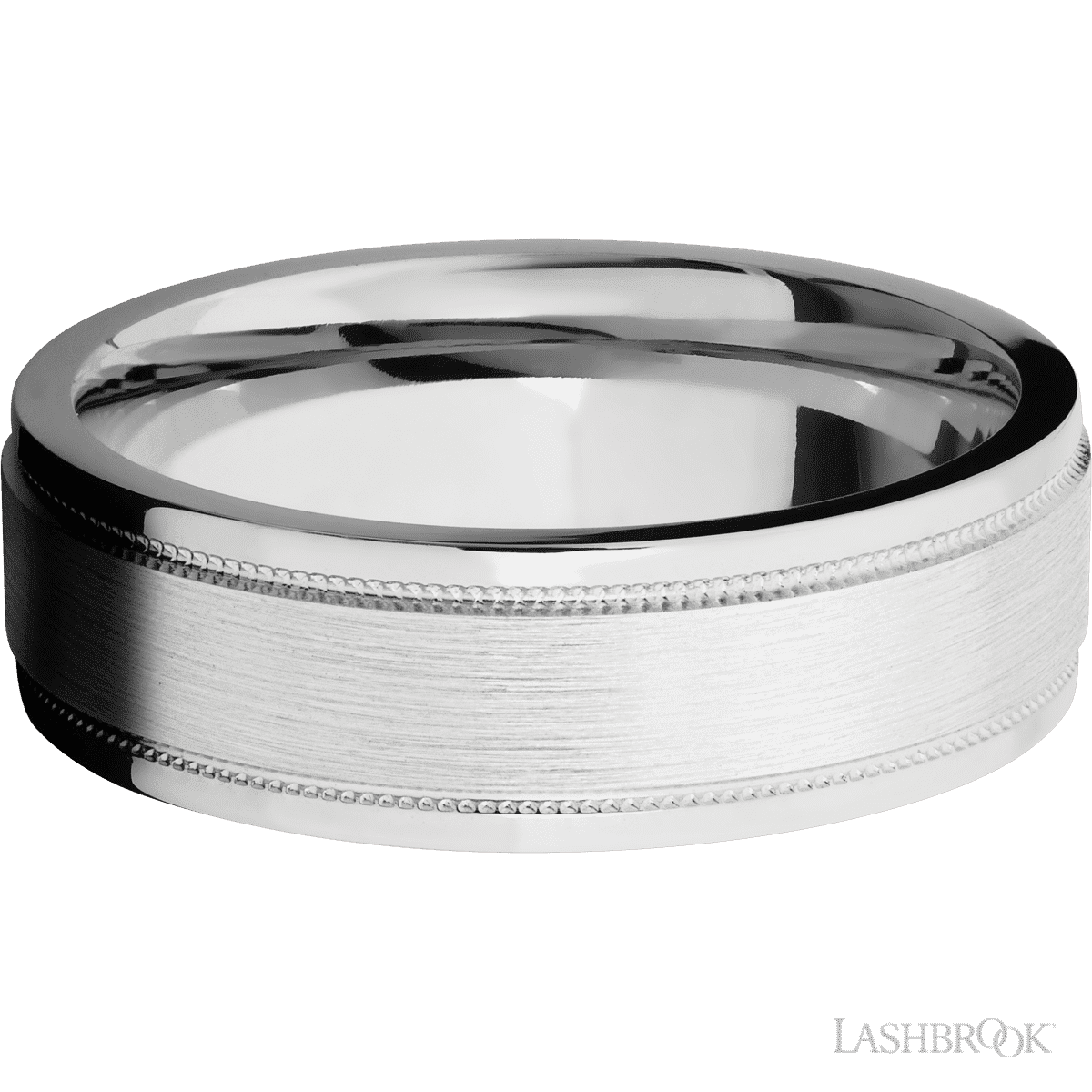 7 mm wide Flat Stepped Edges Milgrain 14K White Gold band
