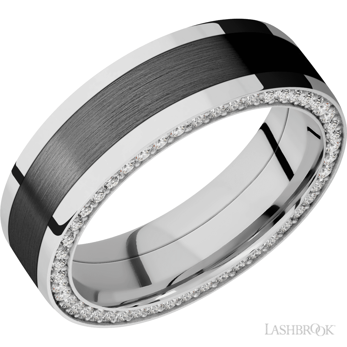 7 mm wide/Flat/14K White Gold band with  one 4 mm Centered inlay of Zirconium and featuring a Side Eternity arrangement of 01 carat Round Diamond stones in a Bead Channel setting