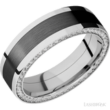 7 mm wide/Flat/14K White Gold band with  one 4 mm Centered inlay of Zirconium and featuring a Side Eternity arrangement of 01 carat Round Diamond stones in a Bead Channel setting