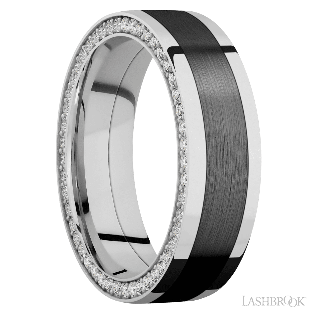 7 mm wide/Flat/14K White Gold band with  one 4 mm Centered inlay of Zirconium and featuring a Side Eternity arrangement of 01 carat Round Diamond stones in a Bead Channel setting