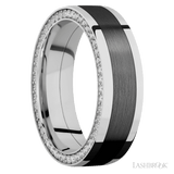 7 mm wide/Flat/14K White Gold band with  one 4 mm Centered inlay of Zirconium and featuring a Side Eternity arrangement of 01 carat Round Diamond stones in a Bead Channel setting