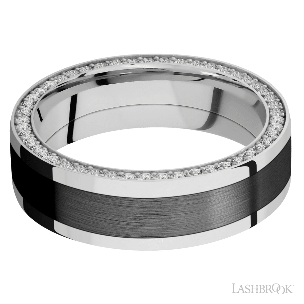 7 mm wide/Flat/14K White Gold band with  one 4 mm Centered inlay of Zirconium and featuring a Side Eternity arrangement of 01 carat Round Diamond stones in a Bead Channel setting