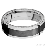 7 mm wide/Flat/14K White Gold band with  one 4 mm Centered inlay of Zirconium and featuring a Side Eternity arrangement of 01 carat Round Diamond stones in a Bead Channel setting