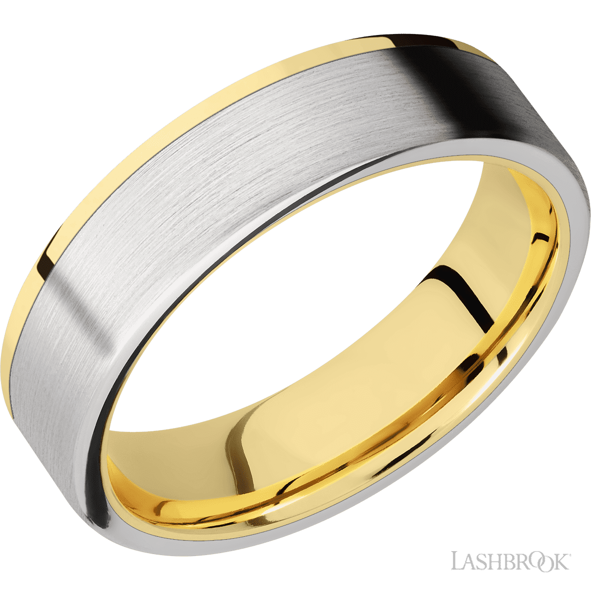 6 mm wide/Flat/14K Yellow Gold band with one 5 mm Off Center Edge inlay of Cobalt Chrome