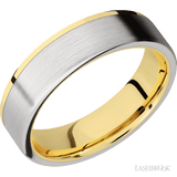 6 mm wide/Flat/14K Yellow Gold band with one 5 mm Off Center Edge inlay of Cobalt Chrome