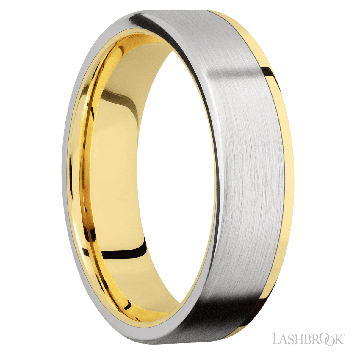 6 mm wide/Flat/14K Yellow Gold band with one 5 mm Off Center Edge inlay of Cobalt Chrome