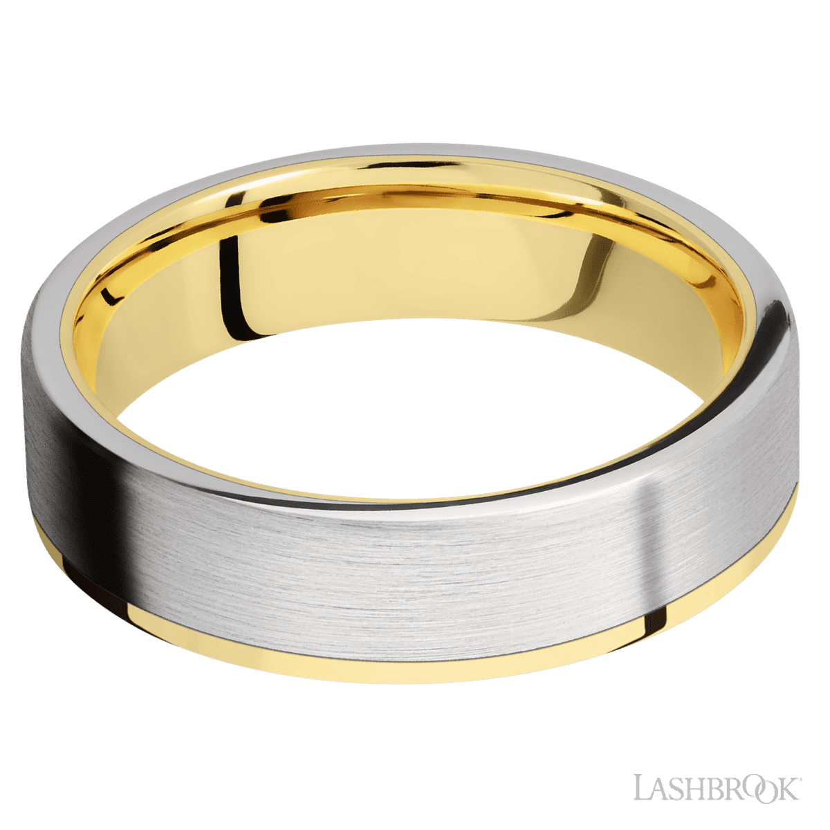 6 mm wide/Flat/14K Yellow Gold band with one 5 mm Off Center Edge inlay of Cobalt Chrome
