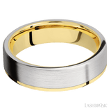 6 mm wide/Flat/14K Yellow Gold band with one 5 mm Off Center Edge inlay of Cobalt Chrome